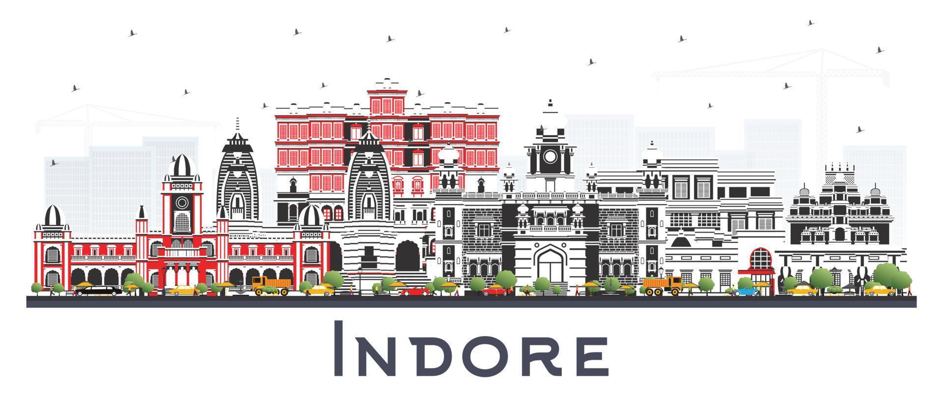 horizonte de la ciudad de indore india con edificios grises aislados en blanco. vector