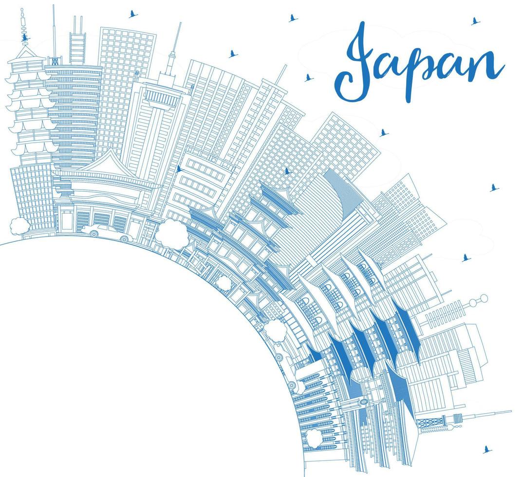 Outline Welcome to Japan Skyline with Blue Buildings and Copy Space. vector