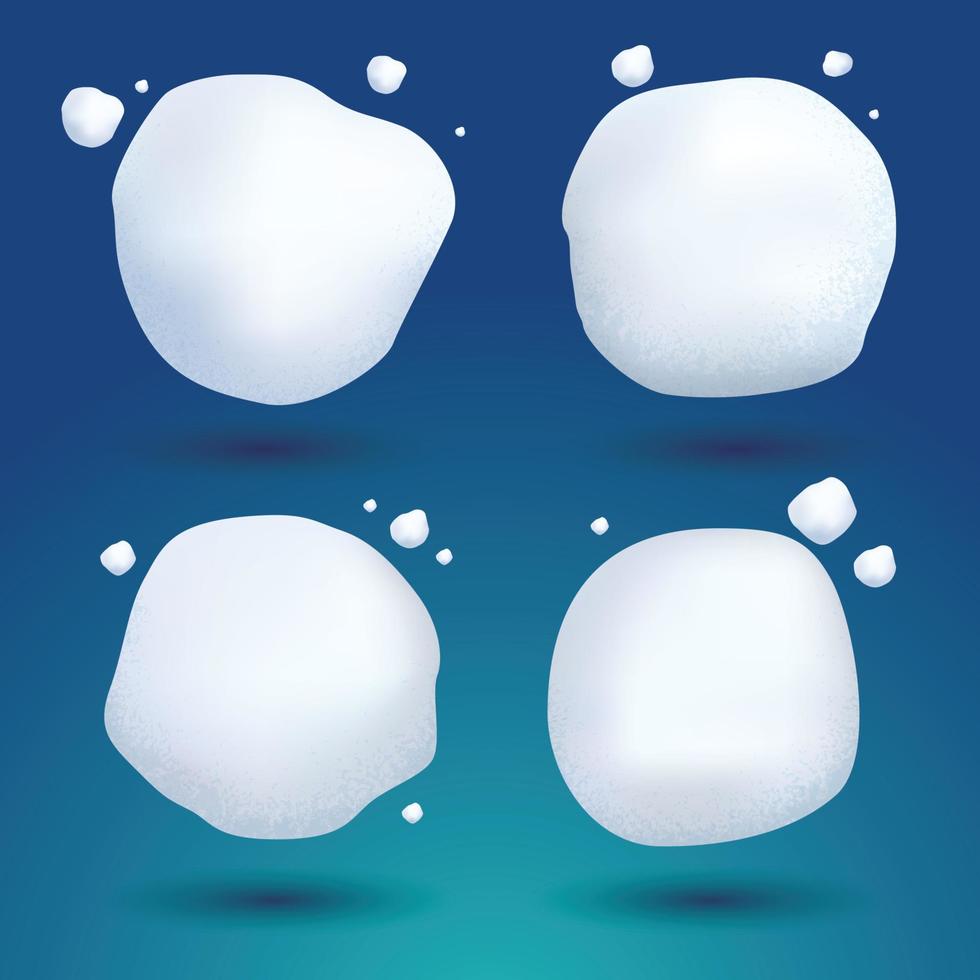 Snow Ball Set. Vector Illustration. White Frozen Snowy Ice Snowball on Blue Background.