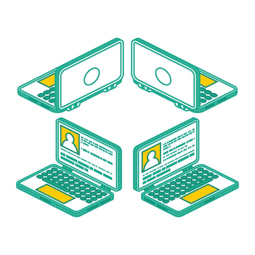 Isometric Outline Collection of Laptops, Notebooks Shown from Different Sides. vector