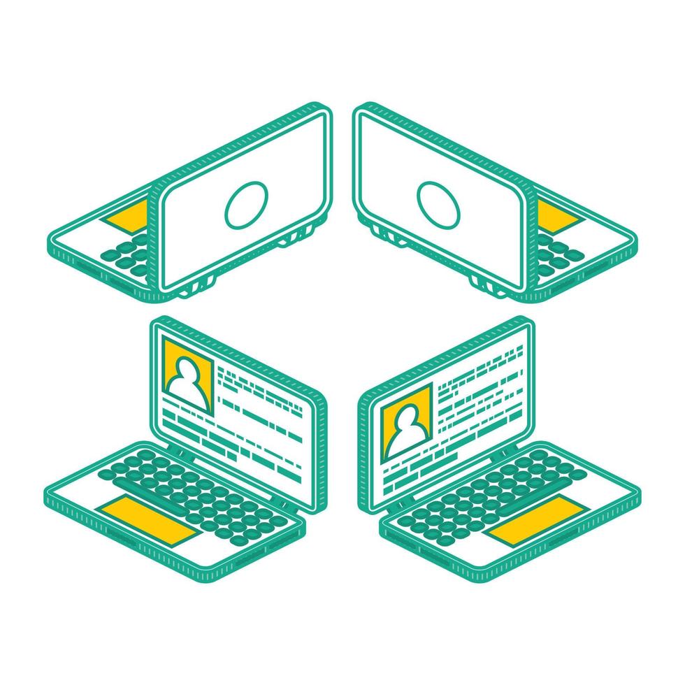 colección de contornos isométricos de portátiles, portátiles que se muestran desde diferentes lados. vector