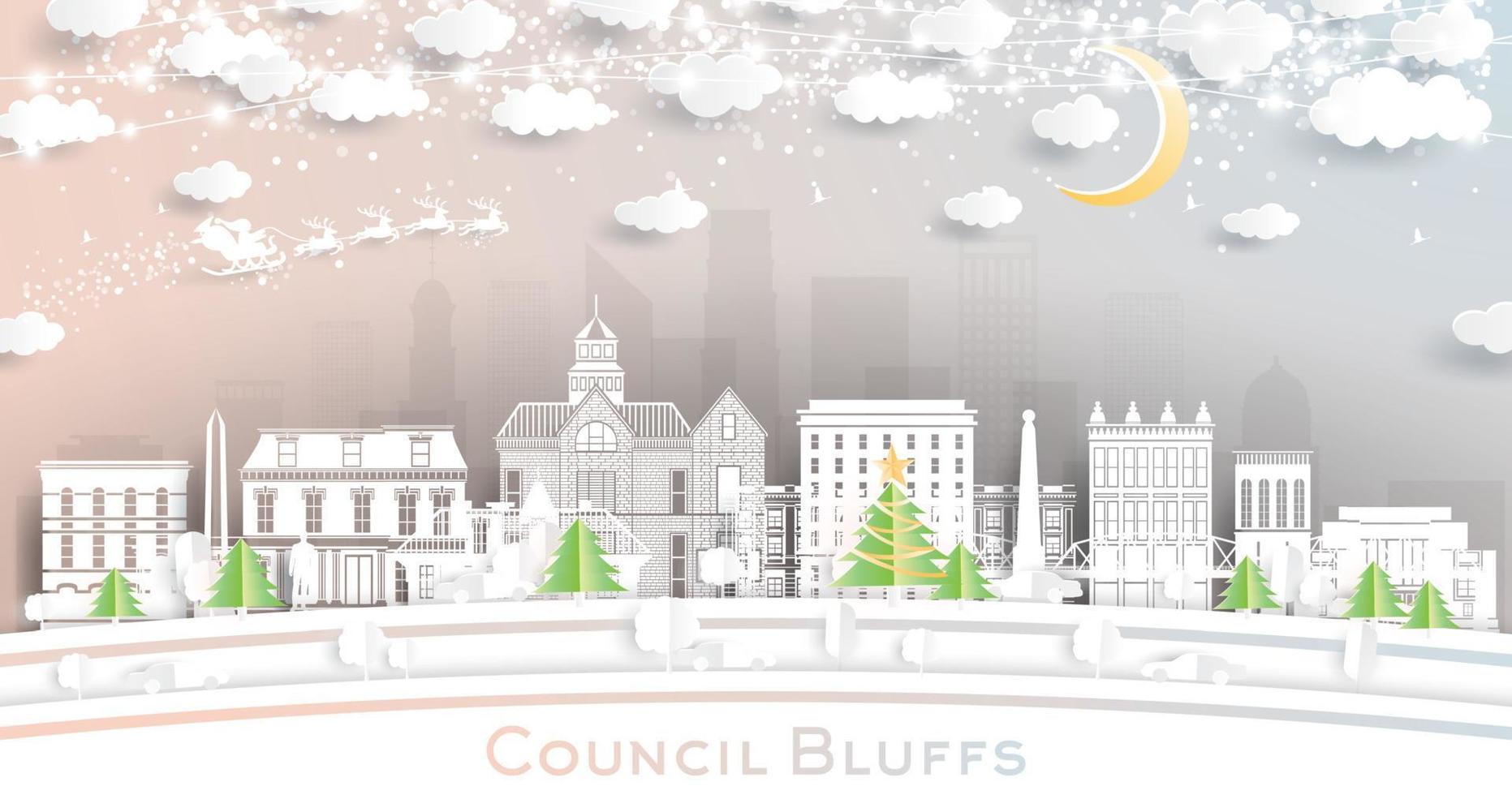 Council Bluffs Iowa City Skyline in Paper Cut Style with Snowflakes, Moon and Neon Garland. vector