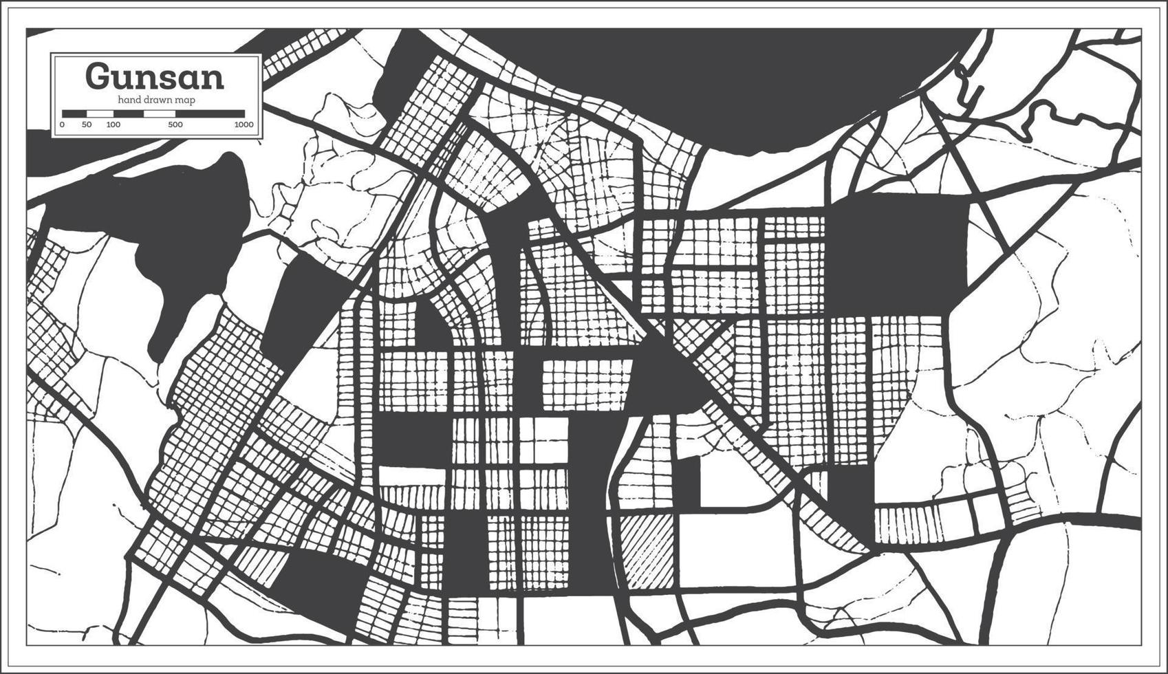 mapa de la ciudad de gunsan corea del sur en color blanco y negro en estilo retro. vector