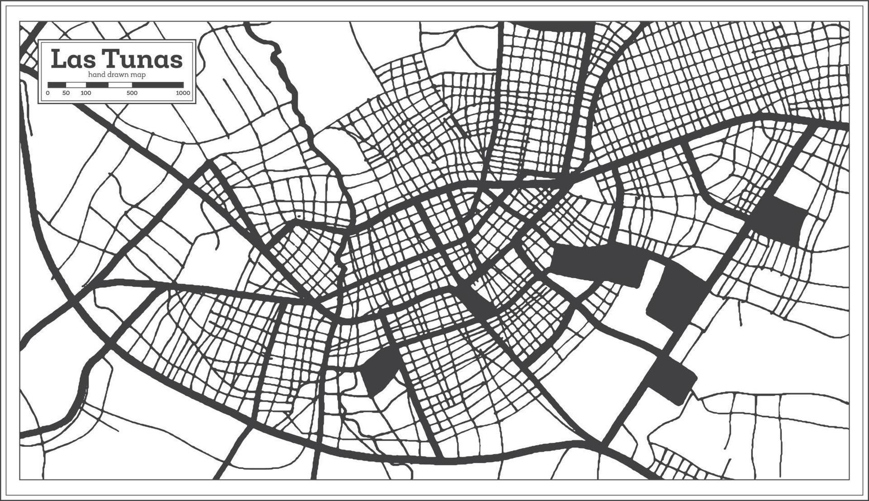 mapa de la ciudad de las tunas cuba en color blanco y negro en estilo retro. esquema del mapa. vector