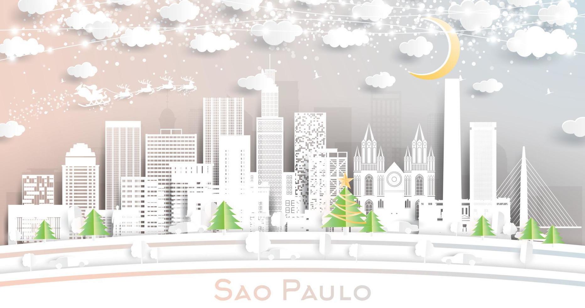 horizonte de la ciudad de sao paulo brasil en estilo de corte de papel con copos de nieve, luna y guirnalda de neón. vector