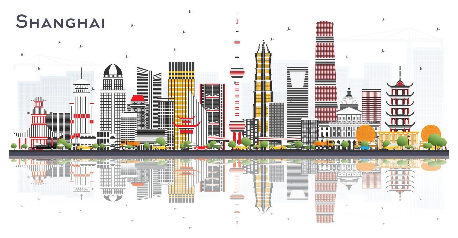 Shanghai China City Skyline with Color Buildings and Reflections Isolated on White. vector