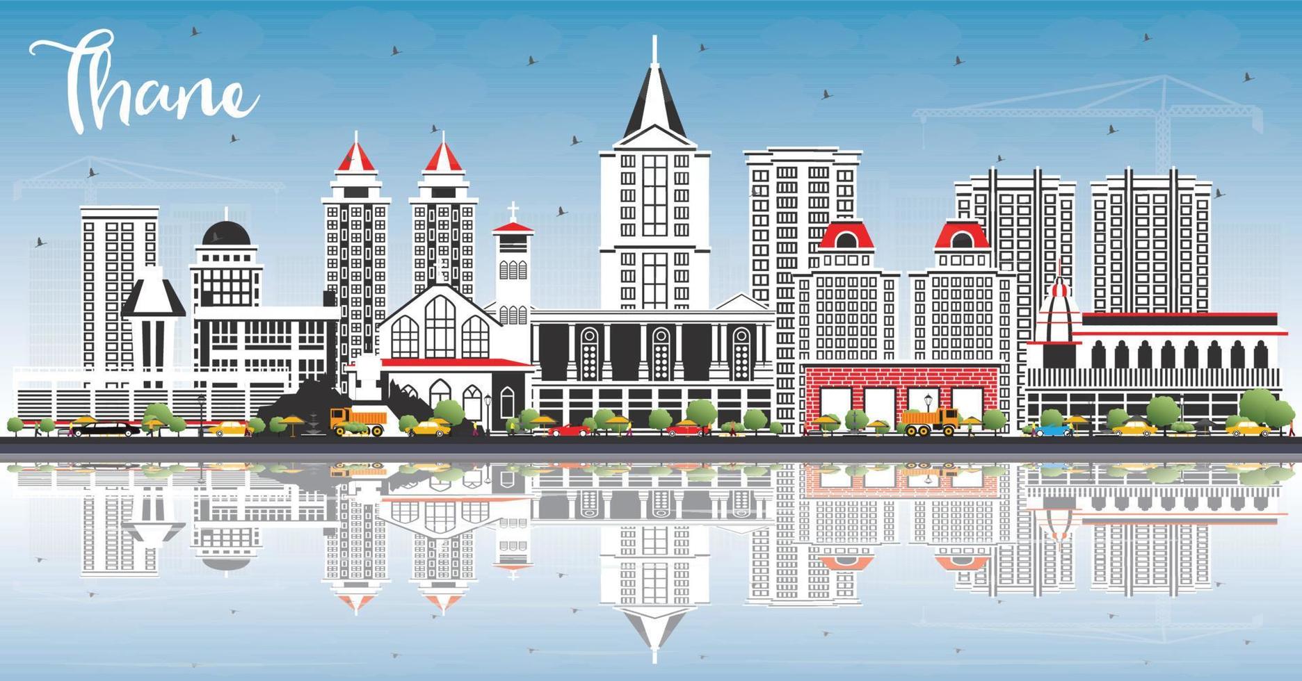 horizonte de la ciudad de thane india con edificios grises, cielo azul y reflejos. vector