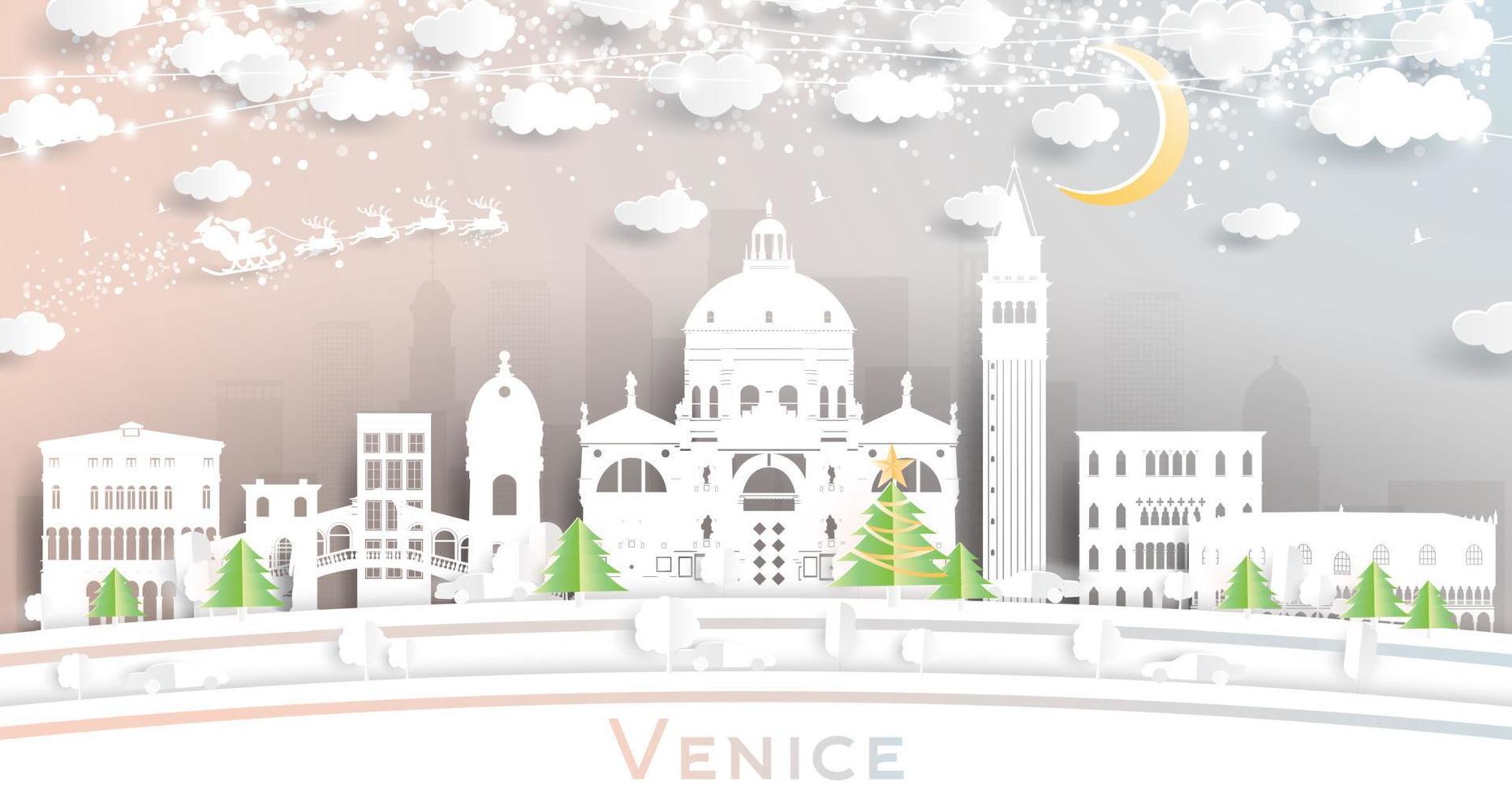 horizonte de la ciudad de venecia italia en estilo de corte de papel con copos de nieve, luna y guirnalda de neón. vector