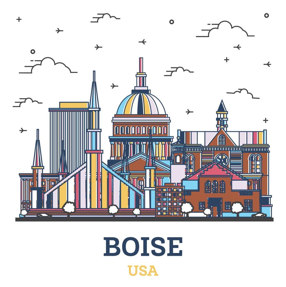 Outline Boise Idaho City Skyline with Colored Modern Buildings Isolated on White. vector