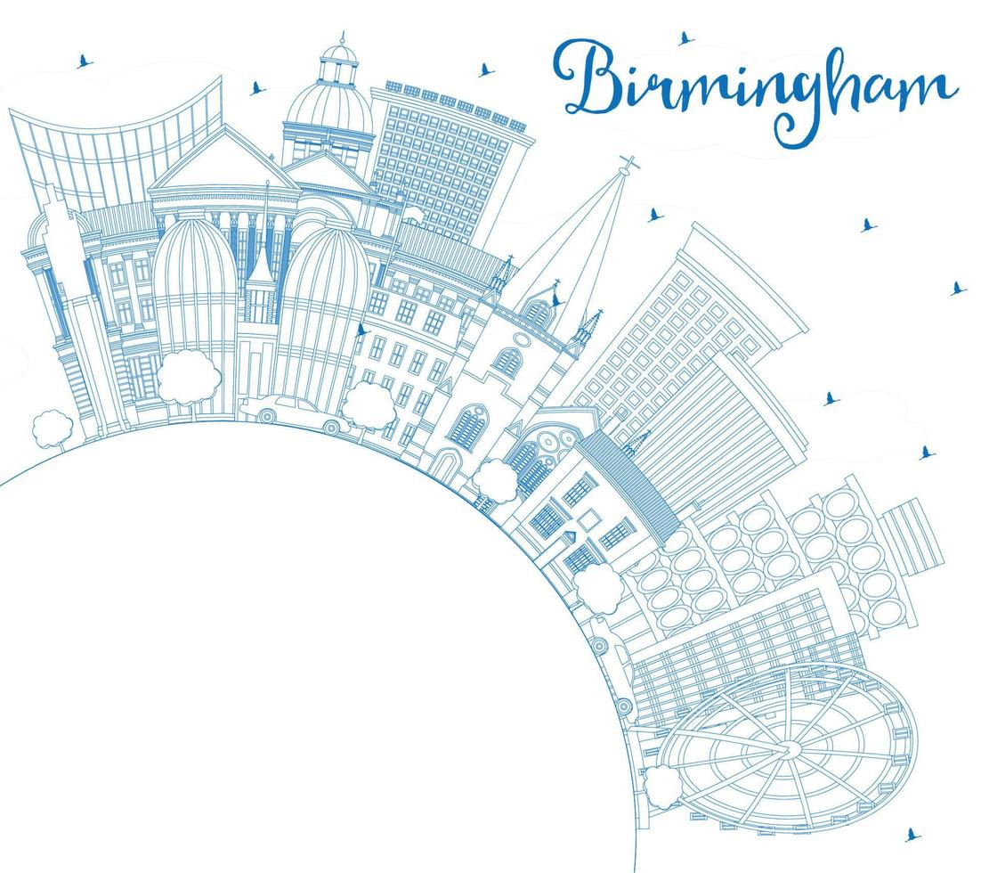 Outline Birmingham UK City Skyline with Blue Buildings and Copy Space. vector