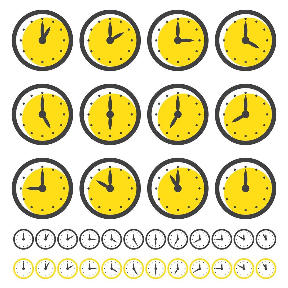 conjunto de iconos de relojes por cada hora aislado en blanco. relojes con círculo amarillo. vector