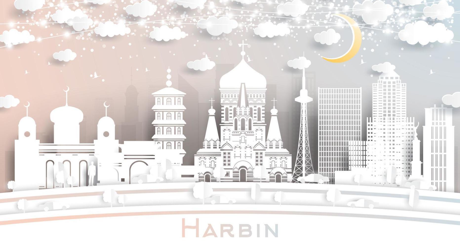 Harbin China City Skyline in Paper Cut Style with White Buildings, Moon and Neon Garland. vector