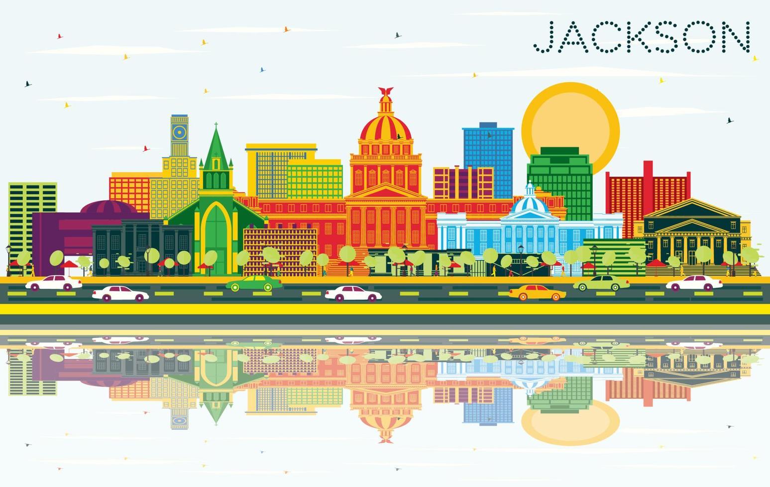 Jackson Mississippi City Skyline with Color Buildings, Blue Sky and Reflections. vector