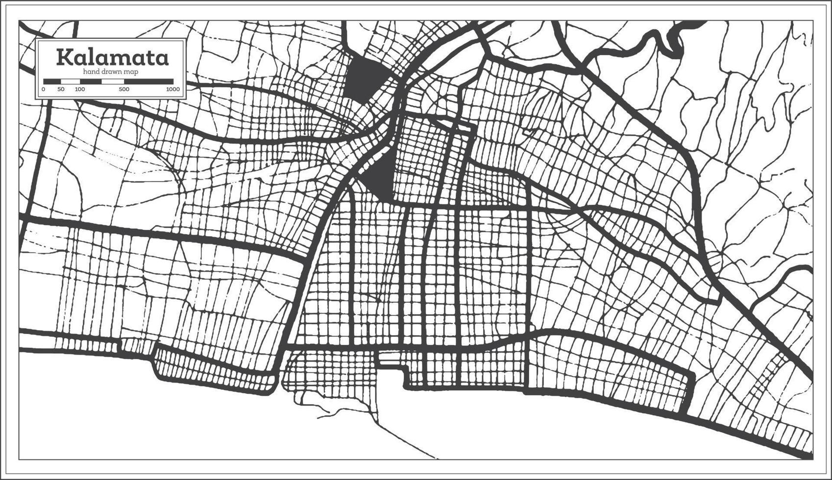 mapa de la ciudad de kalamata grecia en color blanco y negro en estilo retro. esquema del mapa. vector