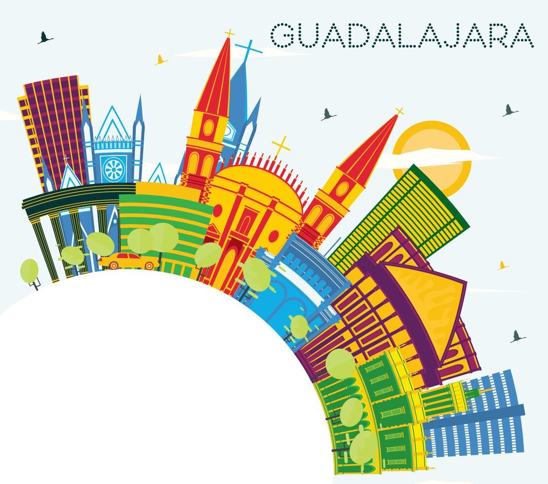 Guadalajara Mexico City Skyline with Color Buildings, Blue Sky and Copy Space. vector