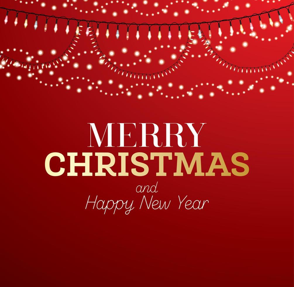 Neon Garland with Lights on Red Background. Merry Christmas. Happy New Year. vector