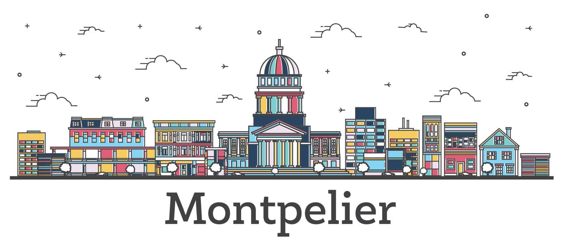 delinear el horizonte de la ciudad de montpelier vermont con edificios de color aislados en blanco. vector