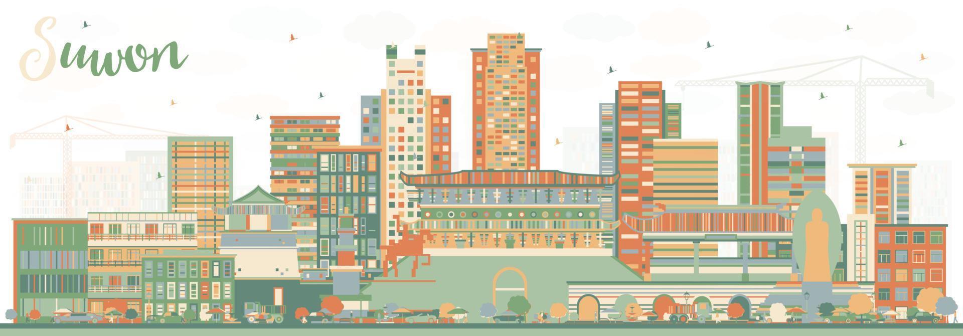 Suwon South Korea City Skyline with Color Buildings. vector