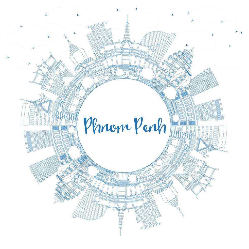 Outline Phnom Penh Cambodia City Skyline with Blue Buildings and Copy Space. vector