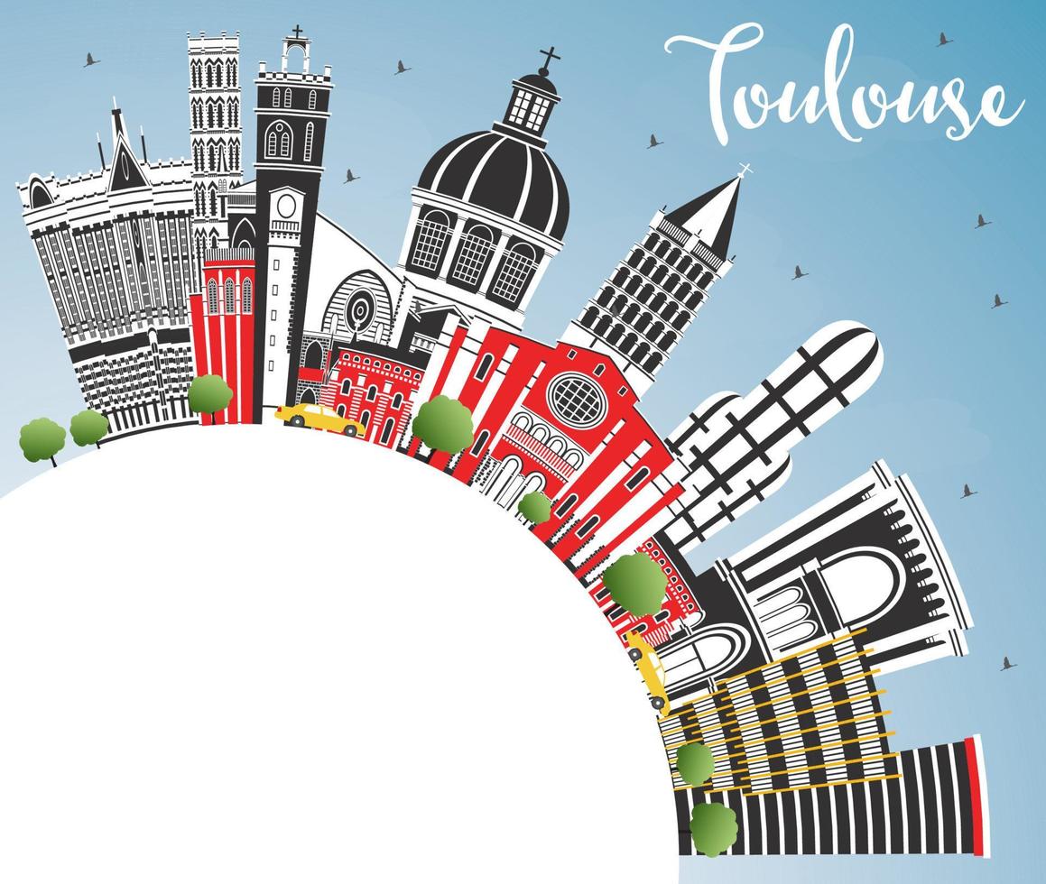Toulouse France City Skyline with Color Buildings, Blue Sky and Copy Space. vector