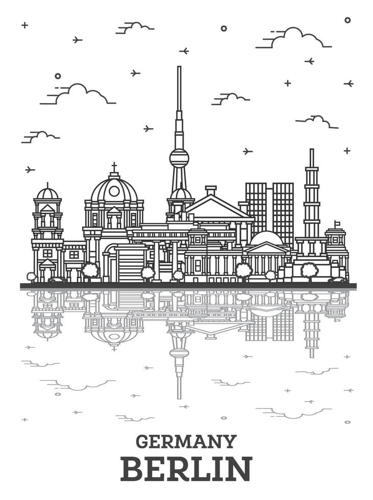 delinear el horizonte de la ciudad de berlín, alemania, con edificios históricos y reflejos aislados en blanco. vector