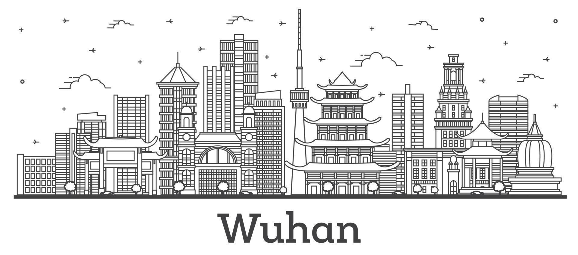 delinear el horizonte de la ciudad de wuhan china con edificios modernos aislados en blanco. vector