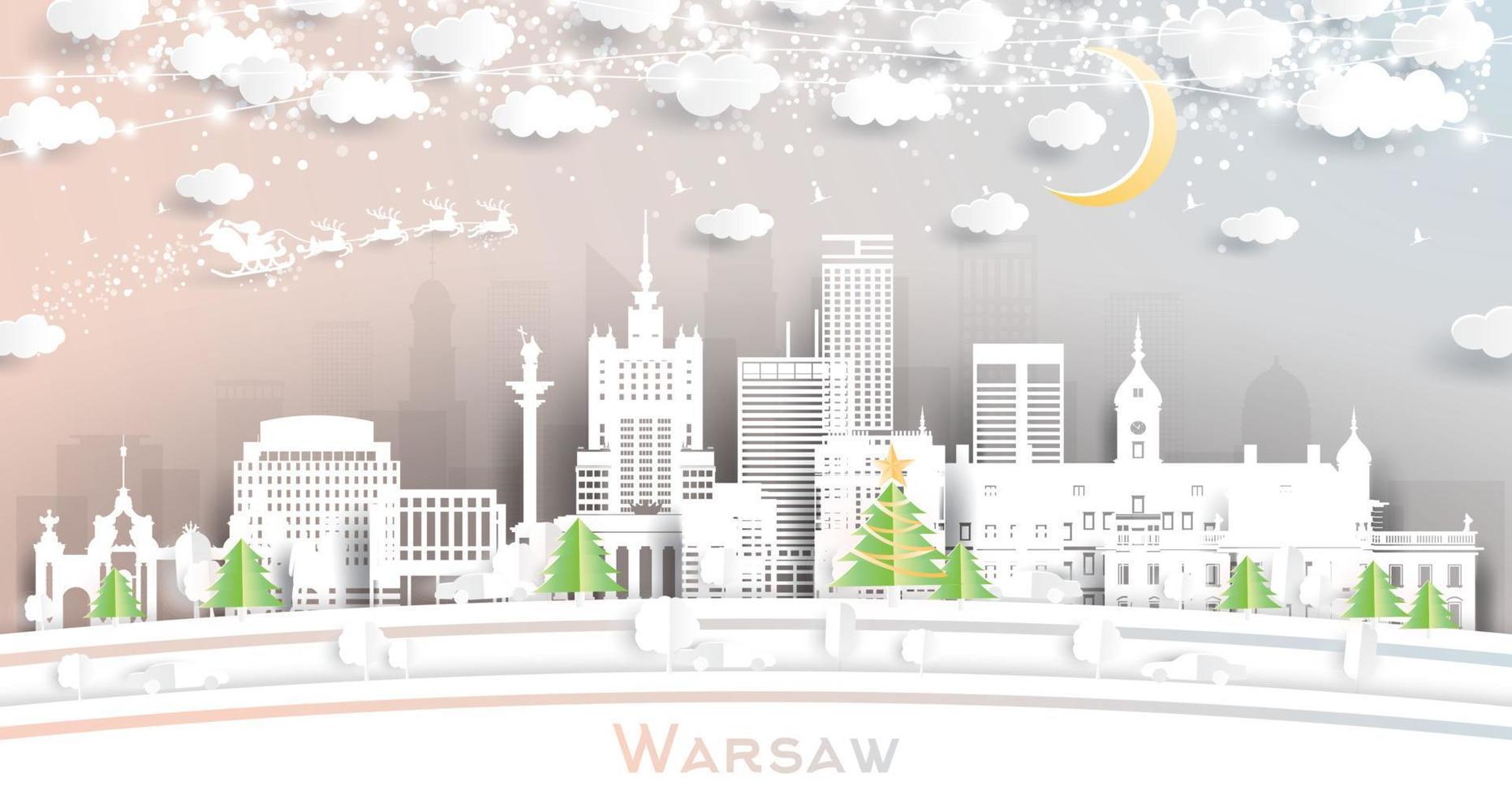 el horizonte de la ciudad de varsovia polonia en estilo de corte de papel con copos de nieve, luna y guirnalda de neón. vector