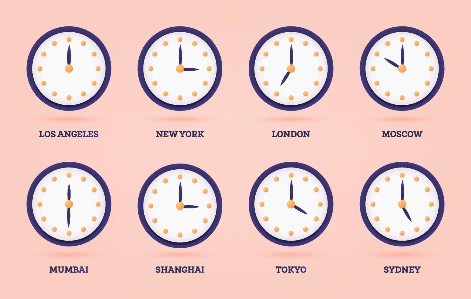Set of 3D Clock for Different Time Zones and Cities. vector