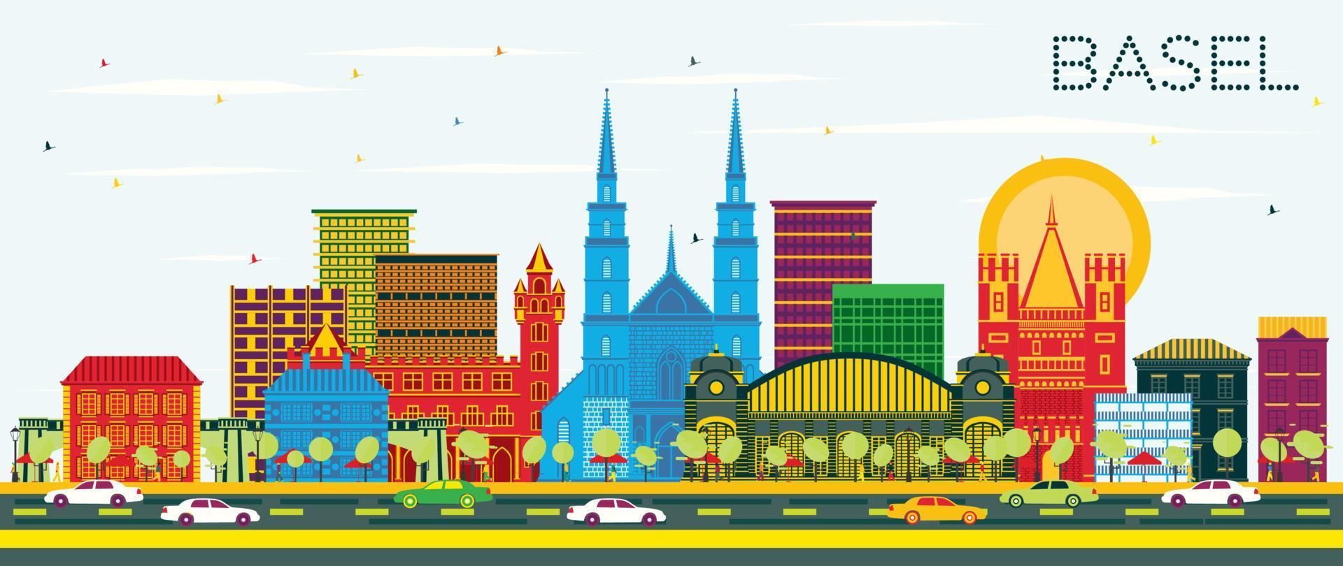 Basel Switzerland City Skyline with Color Buildings and Blue Sky. vector