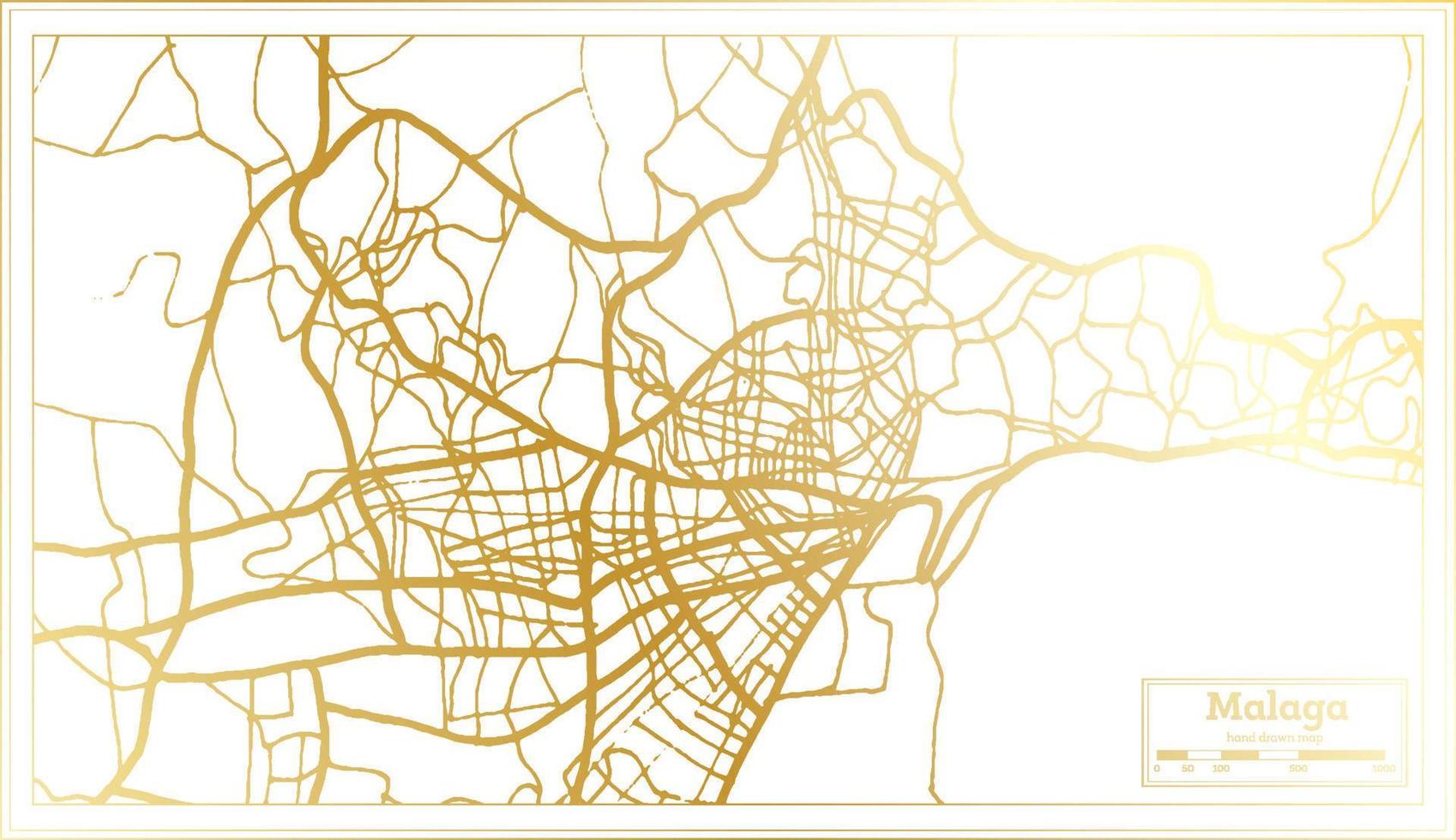 Malaga Spain City Map in Retro Style in Golden Color. Outline Map. vector