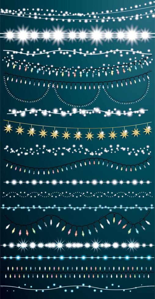 Christmas String Lights Set. New Year Neon Garland. vector