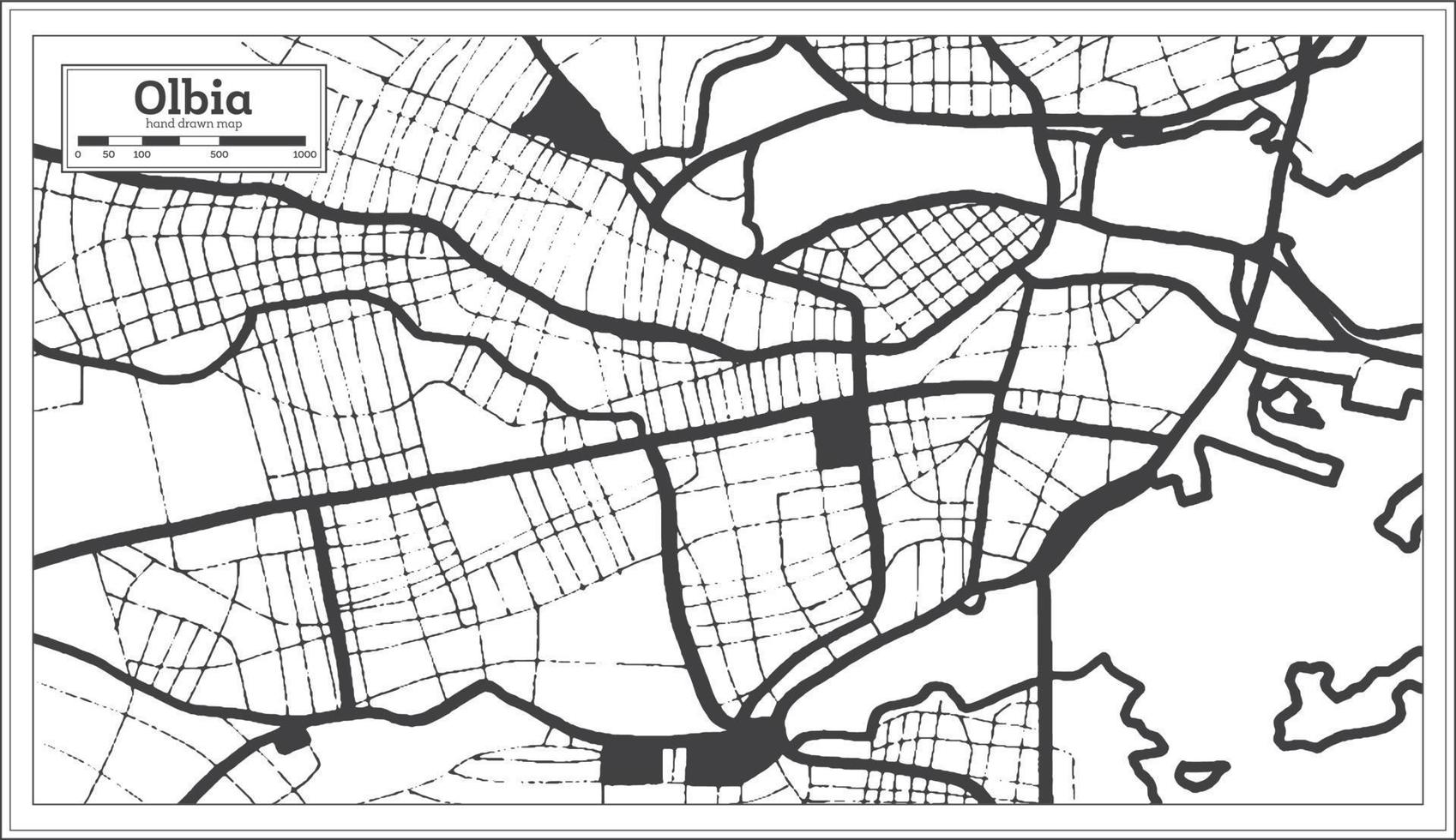 mapa de la ciudad de olbia italia en color blanco y negro en estilo retro. esquema del mapa. vector