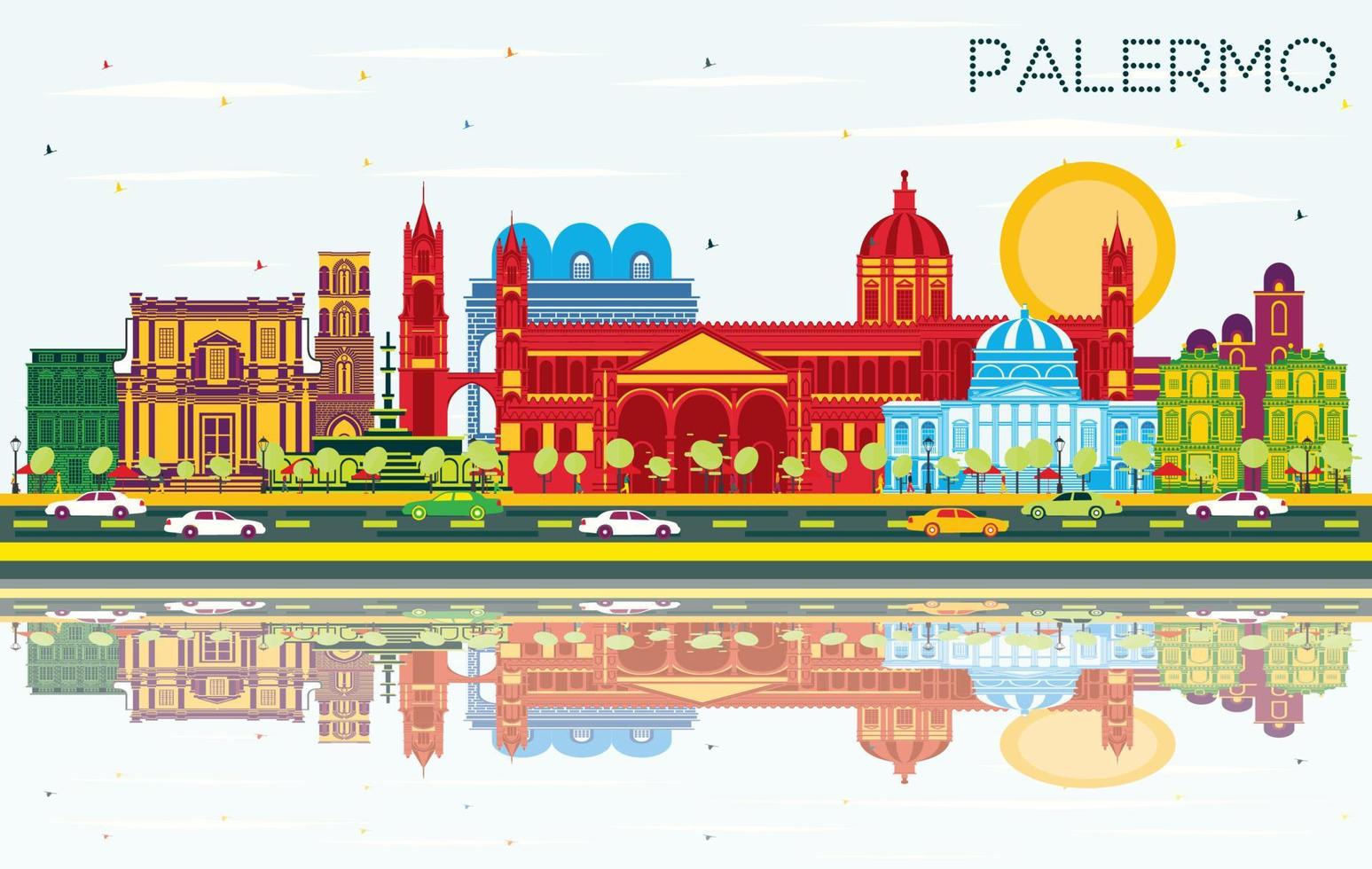 Palermo Italy City Skyline with Color Buildings, Blue Sky and Reflections. vector