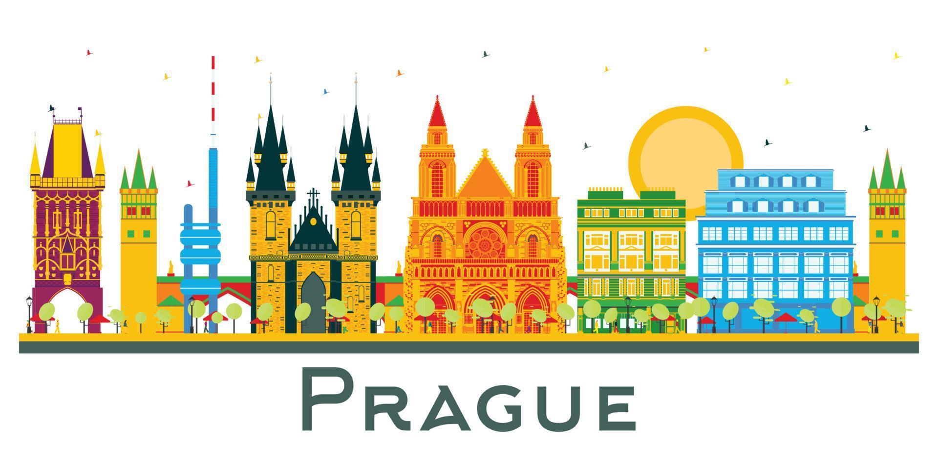 Prague Czech Republic City Skyline with Color Buildings Isolated on White. vector