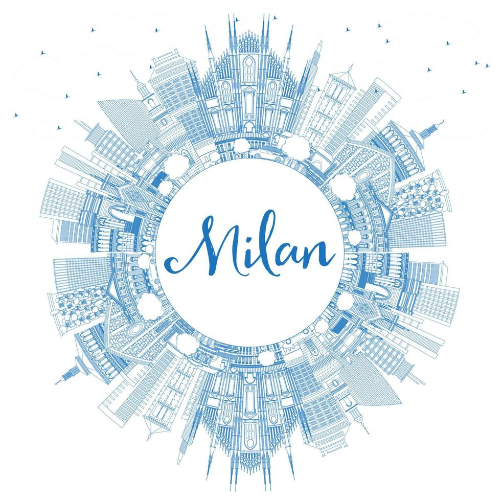 Outline Milan Italy City Skyline with Blue Buildings and Copy Space. vector