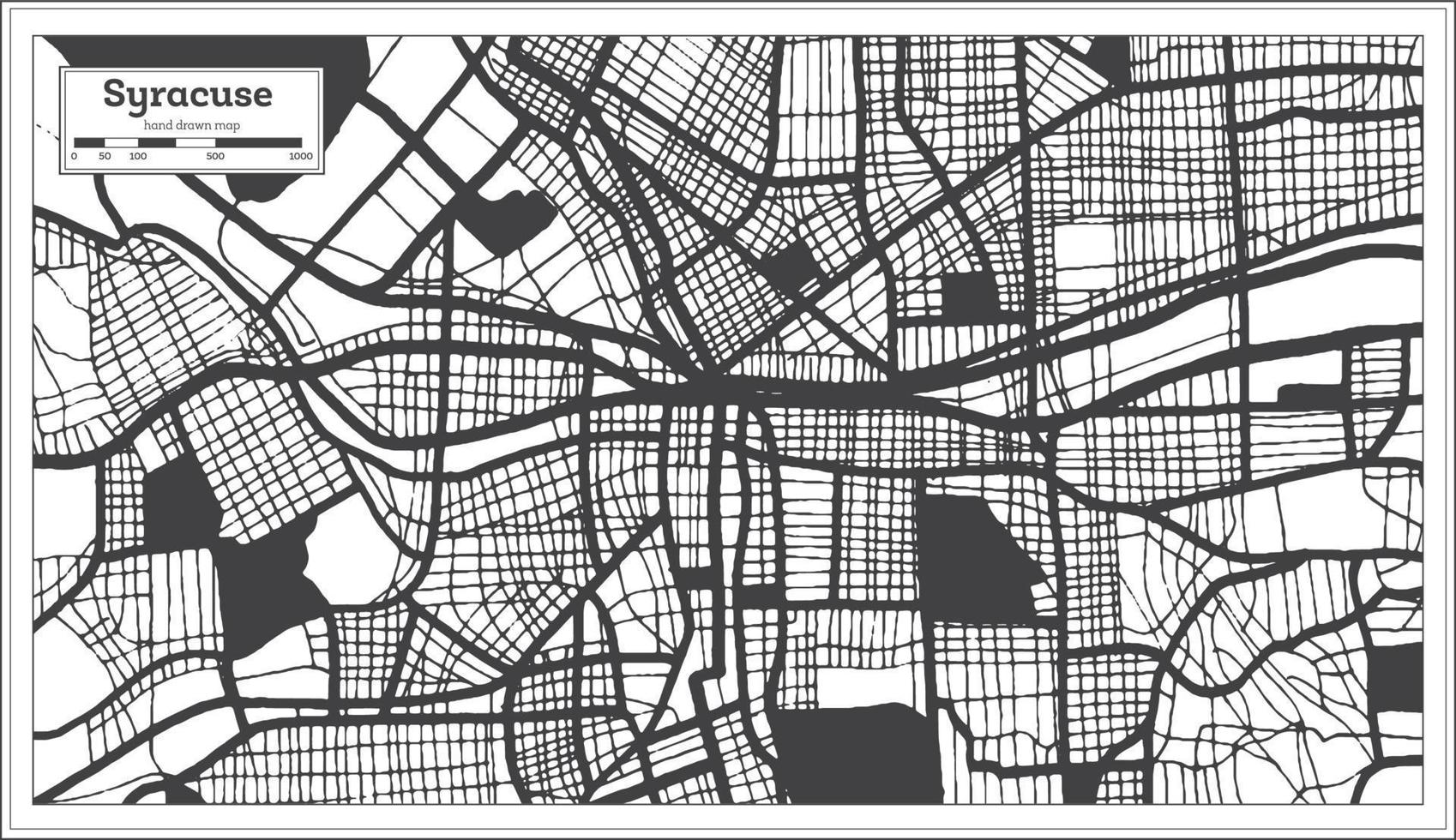 Mapa de la ciudad de siracusa usa en color blanco y negro en estilo retro. esquema del mapa. vector