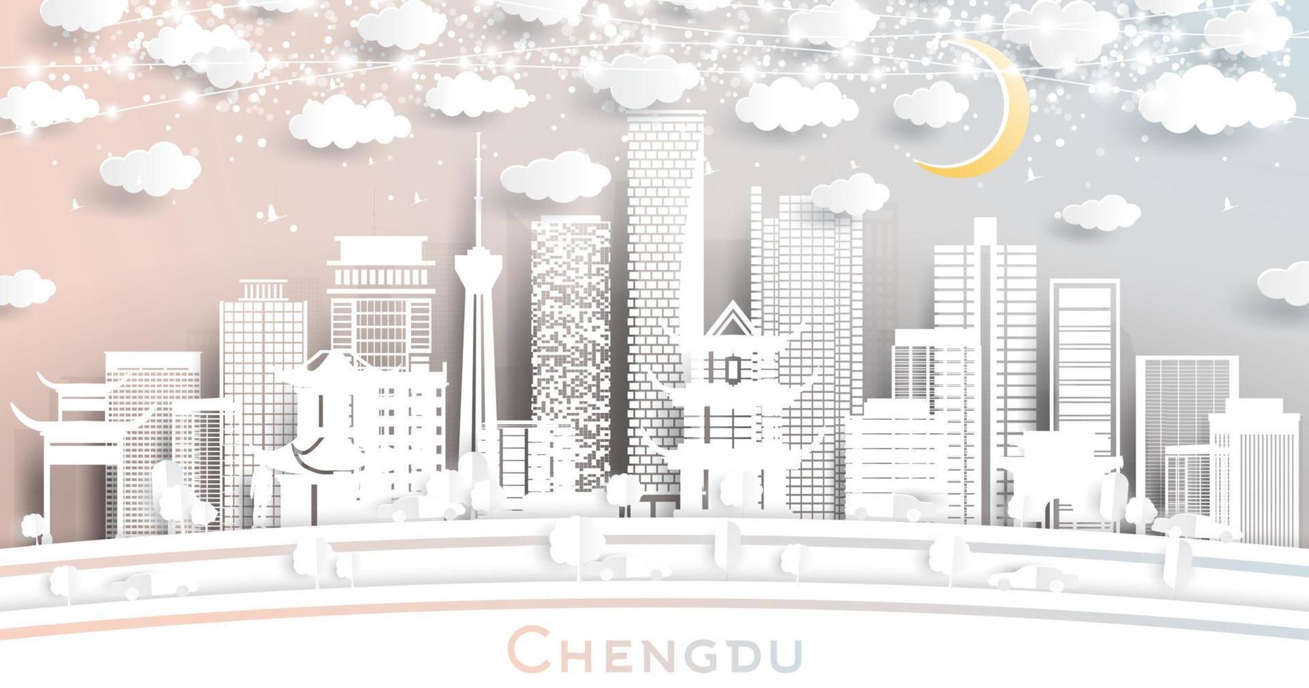 Chengdu China City Skyline in Paper Cut Style with White Buildings, Moon and Neon Garland. vector