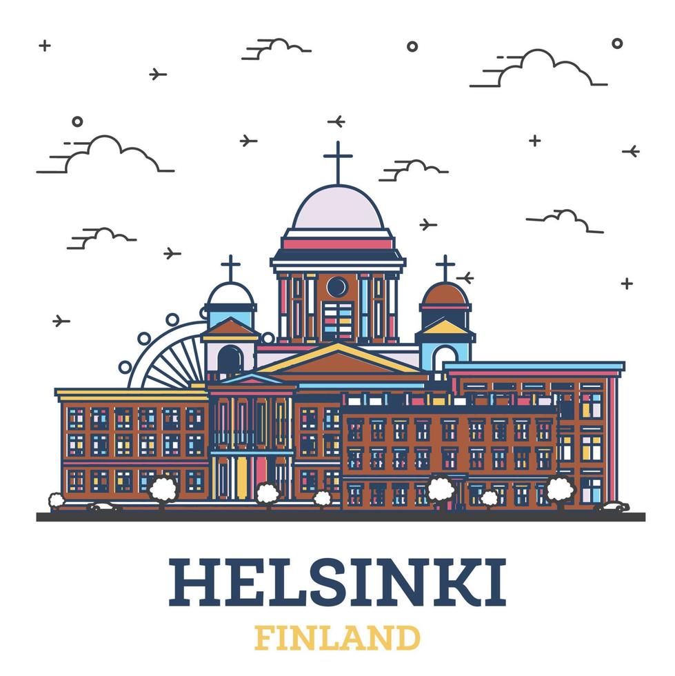 Outline Helsinki Finland City Skyline with Colored Historic Buildings Isolated on White. vector