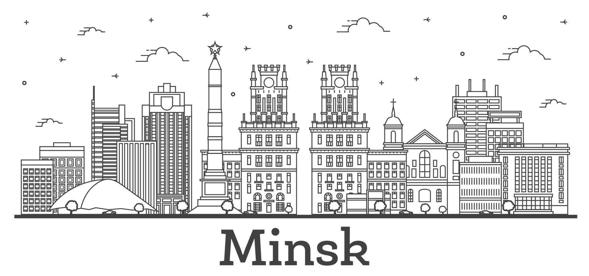 delinear el horizonte de la ciudad de minsk, bielorrusia, con edificios modernos aislados en blanco. vector