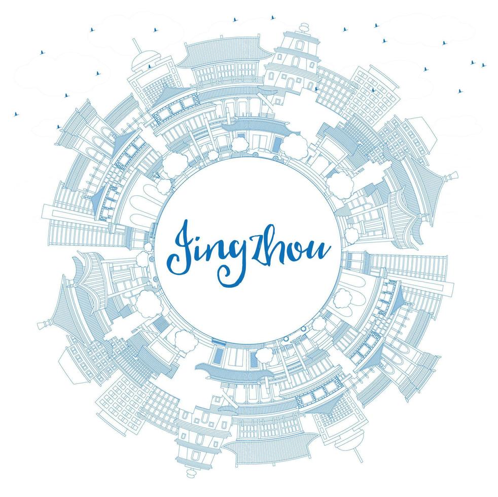 Outline Jingzhou China City Skyline with Blue Buildings and Copy Space. vector