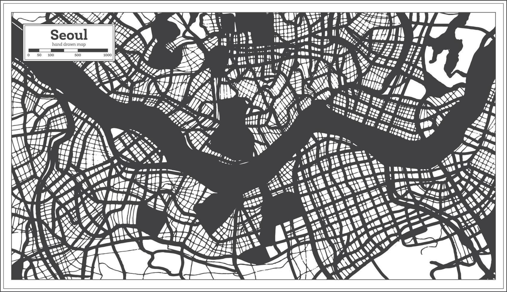 mapa de la ciudad de seúl corea del sur en color blanco y negro en estilo retro. vector