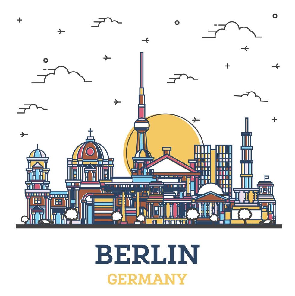 delinear el horizonte de la ciudad de berlín alemania con edificios históricos de colores aislados en blanco. vector