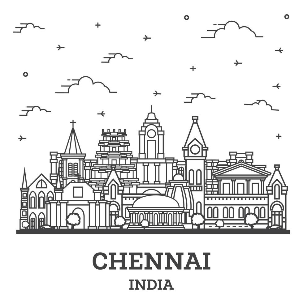 Outline Chennai India City Skyline with Historic Buildings Isolated on White. vector