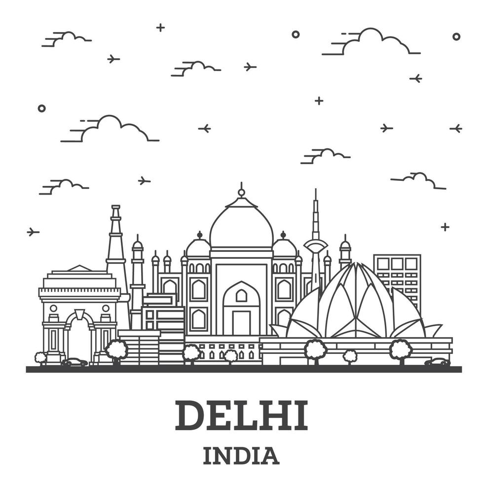 delinear el horizonte de la ciudad de delhi india con edificios históricos aislados en blanco. vector