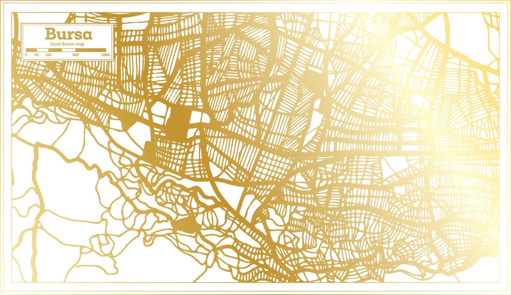 mapa de la ciudad de bursa turquía en estilo retro en color dorado. esquema del mapa. vector