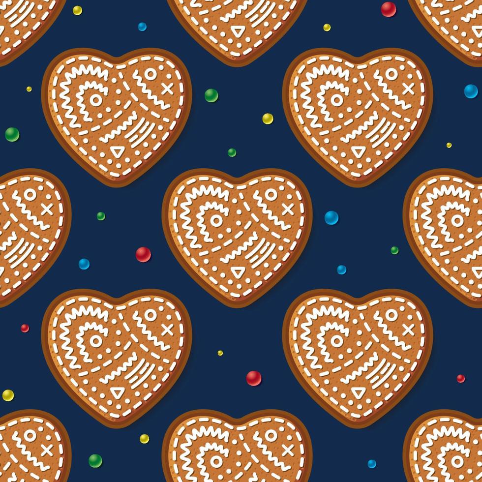 Seamless Pattern with Gingerbread Heart on Blue. Christmas Cookie. vector