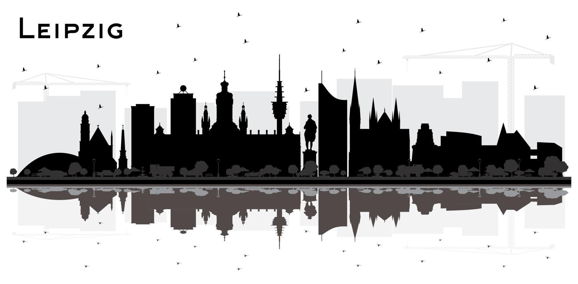 silueta del horizonte de la ciudad de leipzig alemania con edificios negros y reflejos aislados en blanco. vector