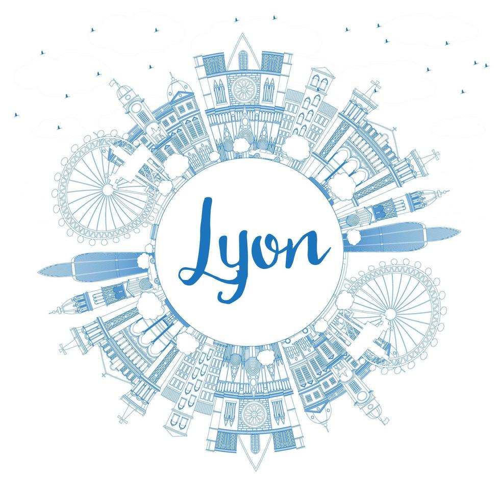 Outline Lyon France City Skyline with Blue Buildings and Copy Space. vector