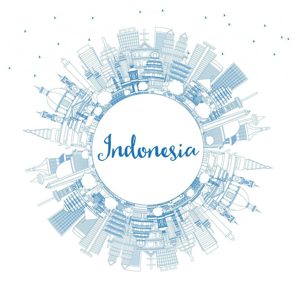 Outline Indonesia Cities Skyline with Blue Buildings and Copy Space. vector