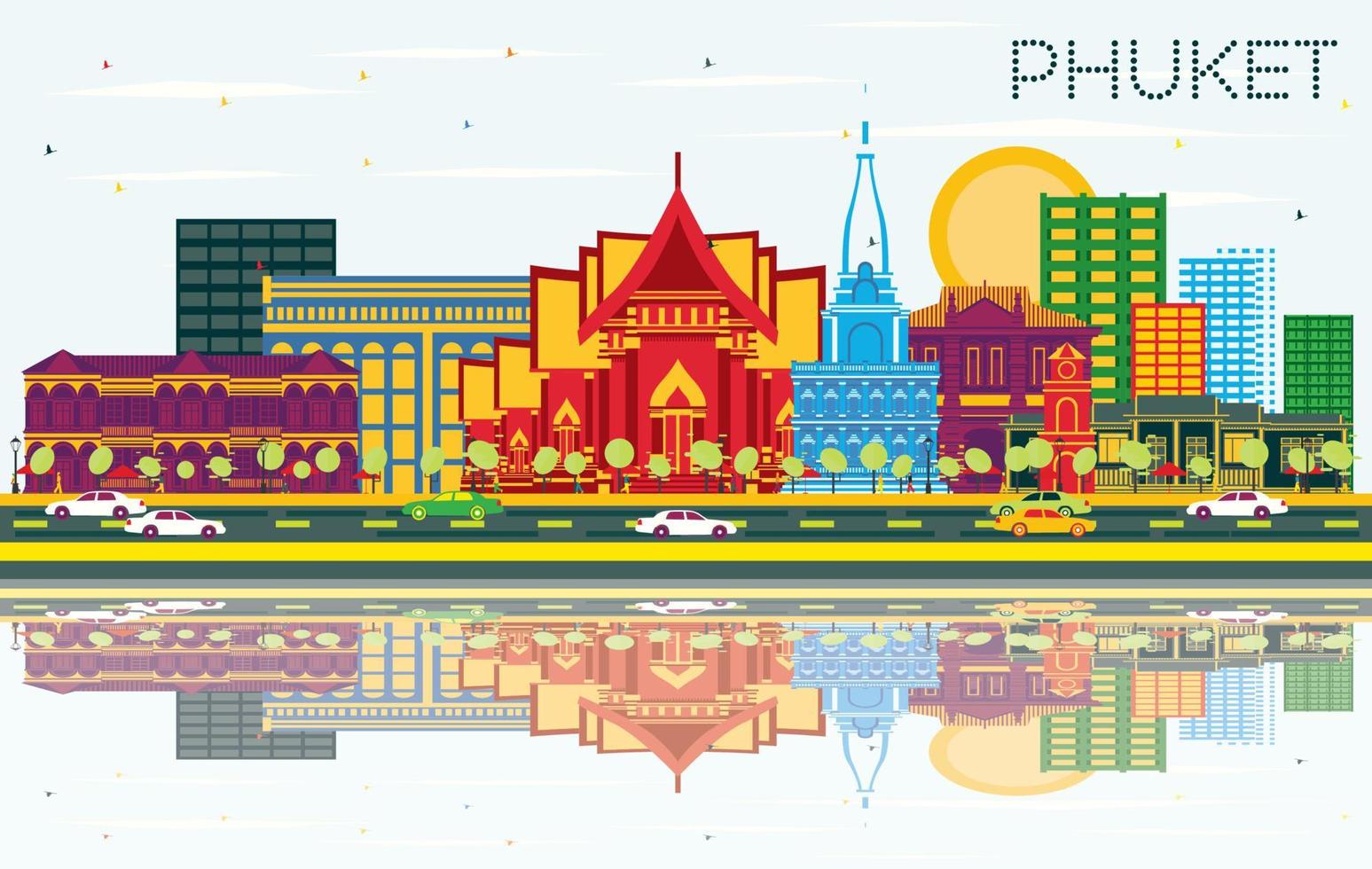 Phuket Thailand City Skyline with Color Buildings, Blue Sky and Reflections. vector